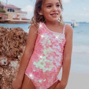 Girls Pink Sequin Swimsuit